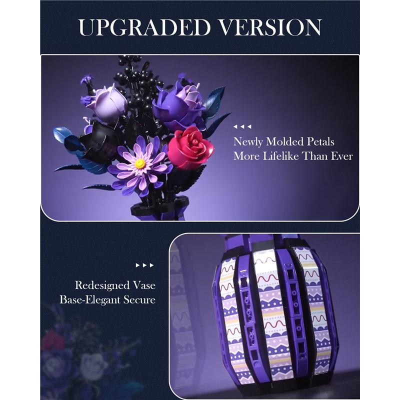 1218PCS Dark Romance Gothic Bouquet Building Blocks Flower With Vase Model Educational DIY Home Decoration Gift For Kids Adults