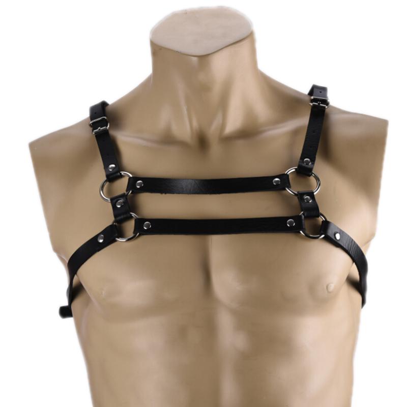 Black Men'S Faux Leather Chest Strap Buckle Club Clothing