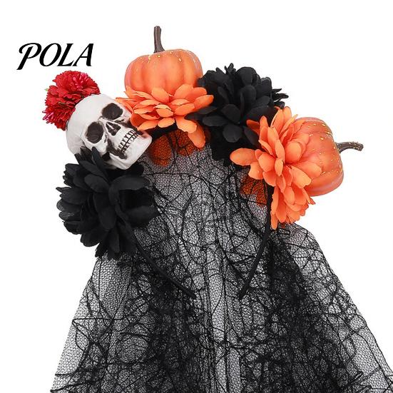 Gothic Halloween Headpiece Pumpkin Skull Floral Headband, Stable Hair Hoop with 3D Artificial Spooky Headband Flowers And Spiderweb Black Gauze Party