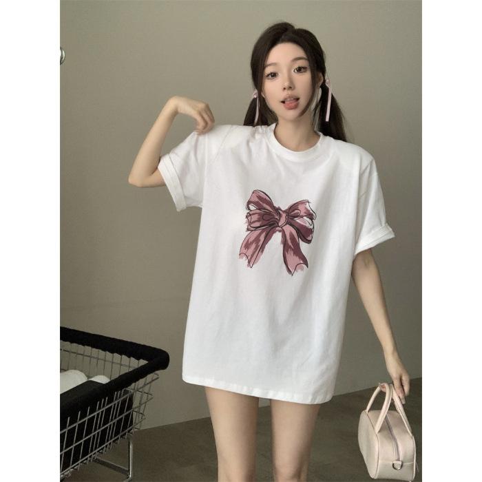 Lower clothes missing short-sleeved t-shirt women's summer Korean loose medium and long large version top 2026 new dress