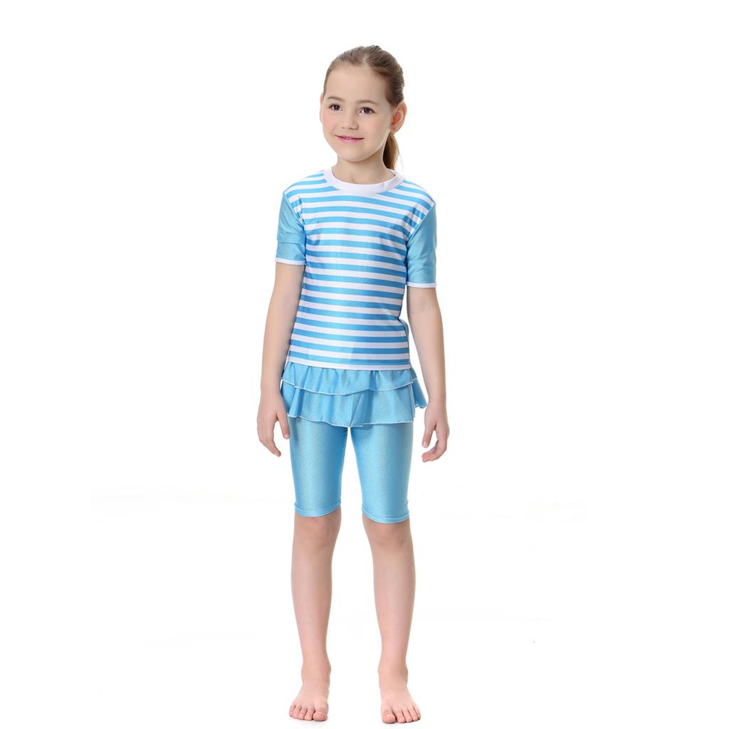 Girls Muslim Swimwears Split Two-piece Swimming Suit Short Sleeve Striped Kids Swimsuit