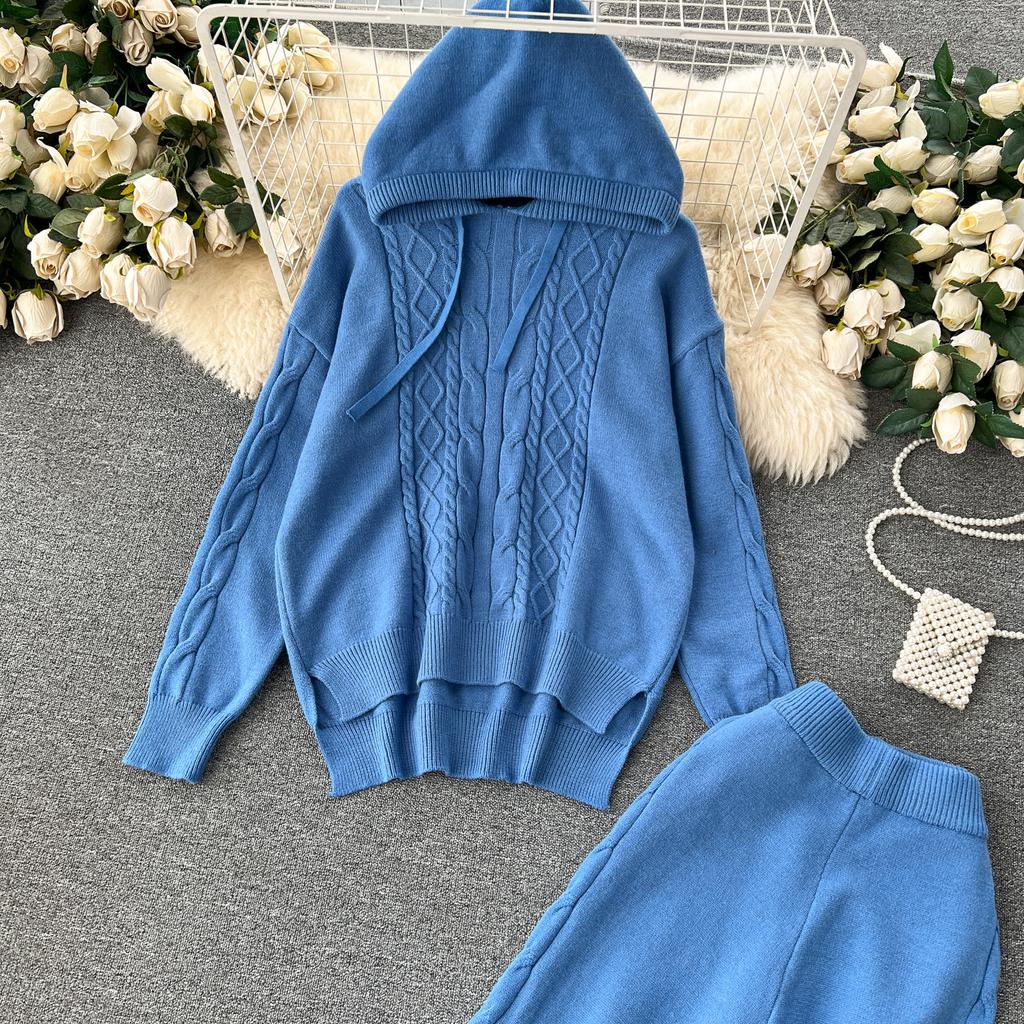 Осенне-зимний женский вязаный свитер, спортивный костюм, модный пуловер с капюшоном, топы и широкие брюки, комплект из двух предметов