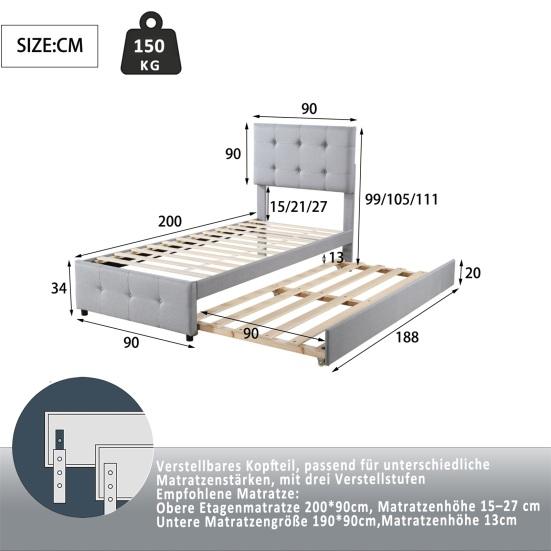 Bedroom Furniture 90 X 200 Upholstered Bed with Pull-out Bed Adjustable Headboard Double Bed Pull-out Cot Retractable Guest Sponge-filled