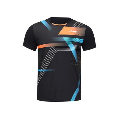Футболка Li Ning Badminton Series с полосатым геометрическим узором, круглым вырезом, прямым кроем, коротким рукавом, мужские топы, черная AAYU137-1