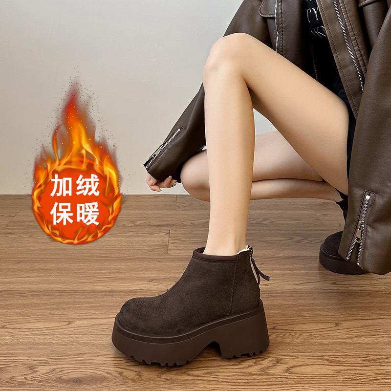 Зимние ботинки новый мягкий кожаный маффин толстая подошва увеличивающие рост бархатные повседневные хлопковые туфли женские короткие ботинки