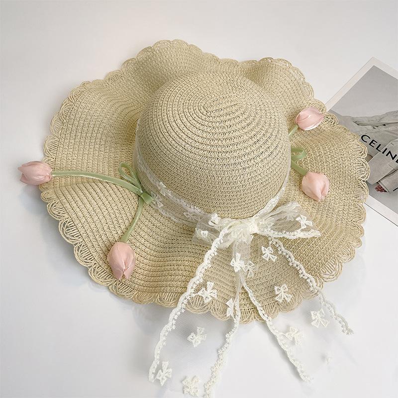 Seaside Beach Hat Lace Straw Hat Children Summer Visor Breathable Sunscreen Bucket Hat Vacation Style Straw Hat