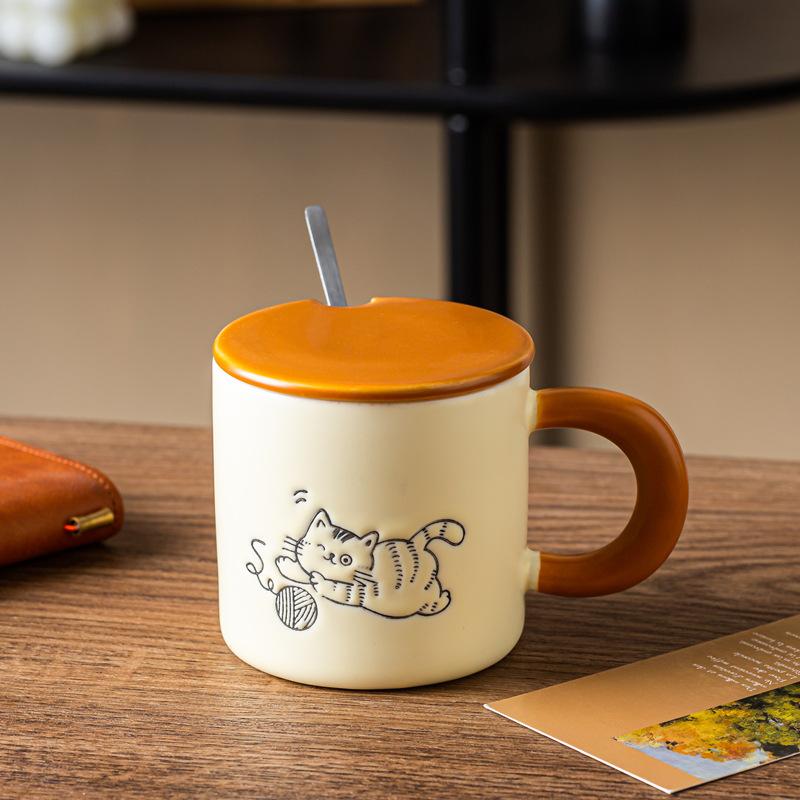 Cat Cup With Lid Ceramic Couple Gift High Value Hand Painted Cute Cat Water Cup Breakfast Coffee Cup