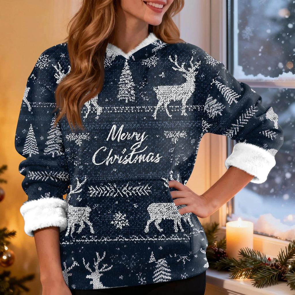 Женская модная повседневная толстовка с капюшоном и длинным рукавом с рождественским принтом