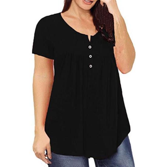 Женская туника больших размеров, летняя рубашка с коротким рукавом и V-образным вырезом на пуговицах, повседневная свободная струящаяся блузка для пляжа, офиса, вечеринки, повседневная одежда