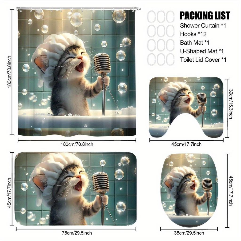 Набор из 4 предметов: Занавеска для душа для ванной комнаты с забавным рисунком поющего кота, занавеска для ванной с 12 крючками, нескользящие коврики, коврик для крышки унитаза, перегородка для ванной комнаты