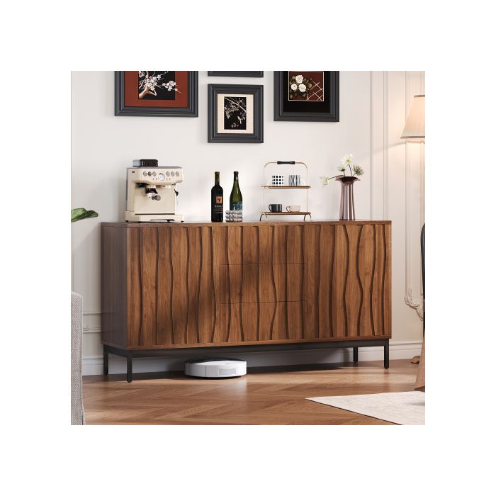 Buffet bas - MUVOE - 150 cm - Chêne foncé - 3 tiroirs - Étagères réglables