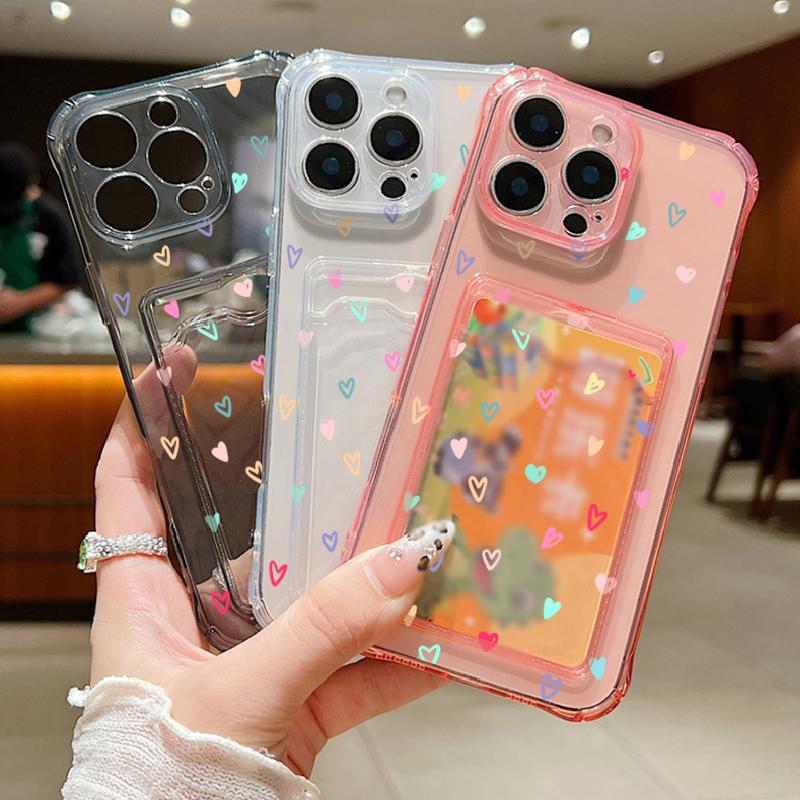 Прозрачный чехол для телефона с принтом маленьких сердец любви для iPhone 16 Pro 15 Pro Max 14 13 12 11, прозрачный слот для карт, мягкий противоударный бампер из ТПУ