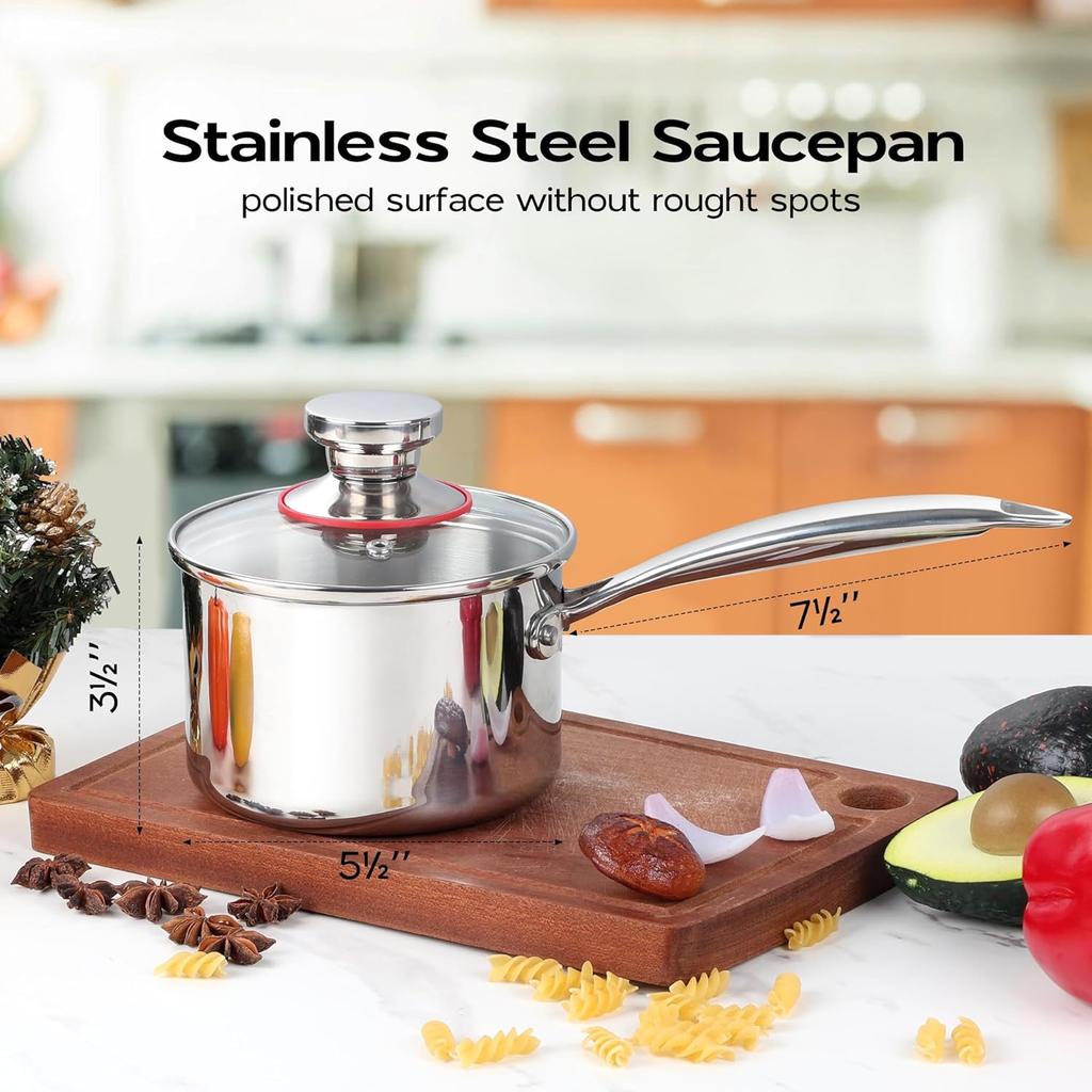 Маленькая кастрюля емкостью 1 кварта, трехслойная кастрюля для молочного соуса из нержавеющей стали со стеклянной крышкой, кухонная индукционная посуда для приготовления тушения, которую можно мыть в посудомоечной машине