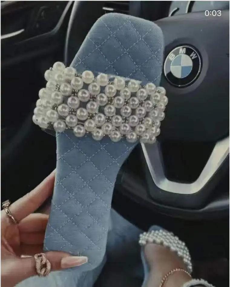 Весна и лето Новые женские жемчужные стразы женские универсальные повседневные тапочки модные однотонные туфли на плоской подошве сандалии