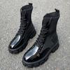 Женские сапоги модные носки лакированные черные ботильоны туфли на платформе плоские мотоциклетные вязаные сапоги женские