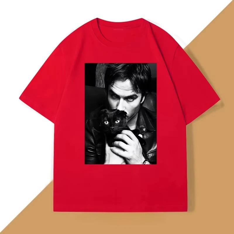 Женская футболка с графическим принтом кошки Damon Salvatore из телесериала Одежда Ретро Готические Топы Рукав Харадзюку Рукав Повседневная Эстетичная Одежда