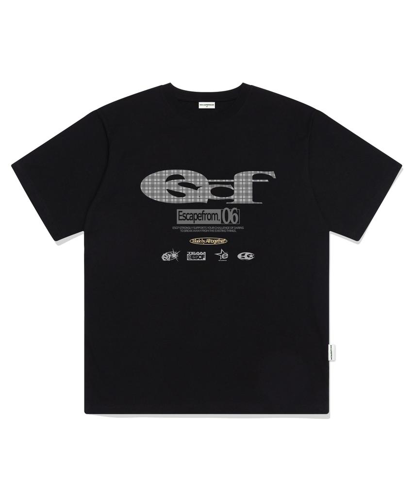 ESCAPEFROM Gray Check Escf Logo Collage Print Oversized Short Sleeve T-Shirt Black