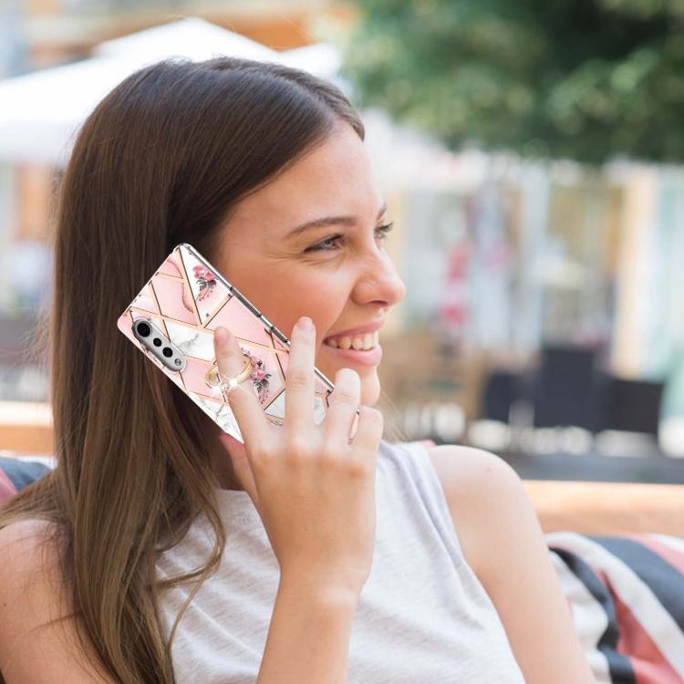 Для LG Velvet 5G Гальванизированный Сращиваемый Чехол из ТПУ с Мраморным Цветочным Узором, Противоударный, с Кольцом-Держателем со Стразами