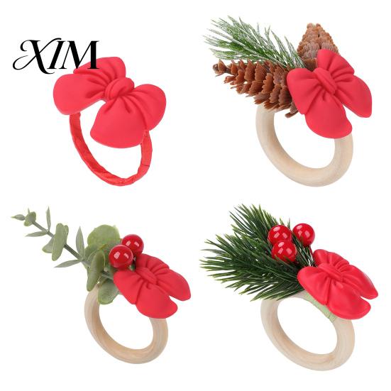 Retro Style Napkin Fasteners Mini Christmas Ring, Small Red Bow Wooden Holder with Holiday Table Decorations Berries Pine Cones for New Year