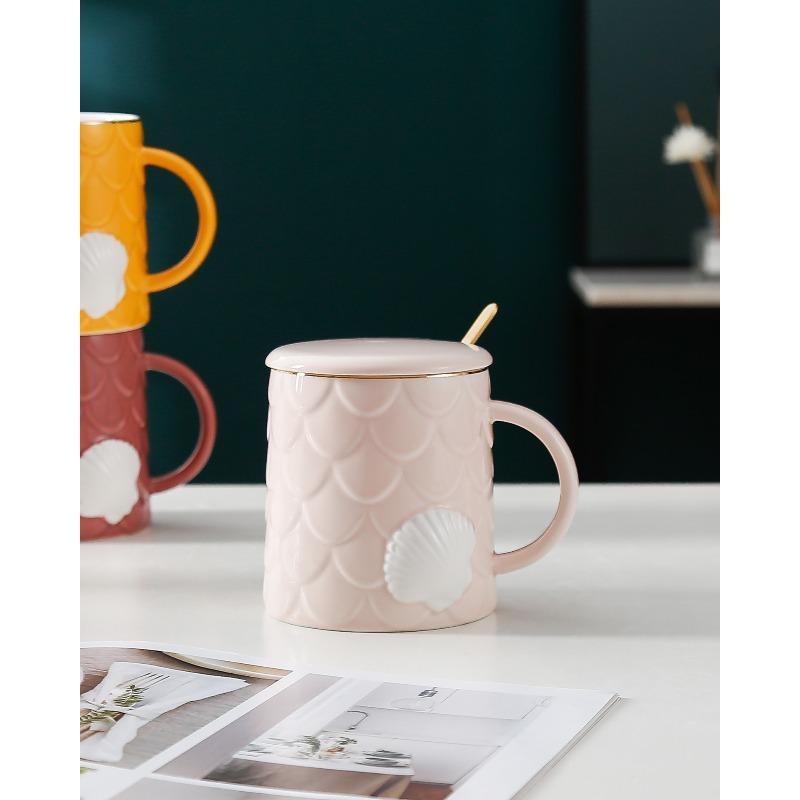 Creative Shell Ceramic Cup with Lid Spoon Small Fresh Afternoon Tea Coffee Mug Household Water Cup Large Capacity Cup