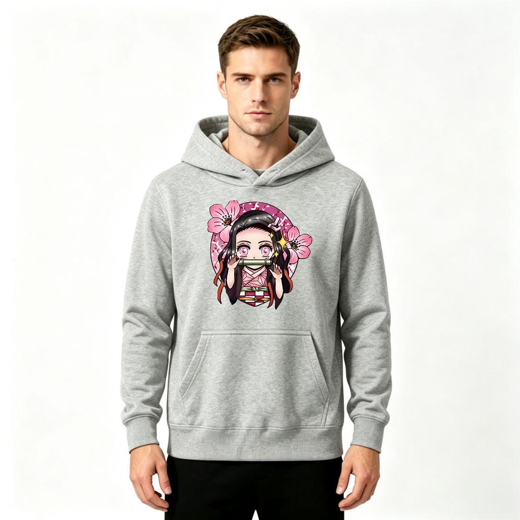 Men's Print Pullover Hoodie, Cute Anime Character Nezuko Printed Long Sleeve Casual Sweatshirt for Daily Wear