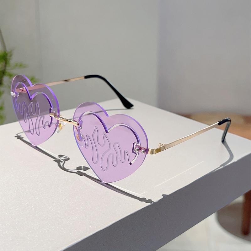 Rimless Heart Shaped Sunglasses Fashion Cute Hollowed Decor Rave Shades Women Trendy Brand Design Vacation Sun Glasses