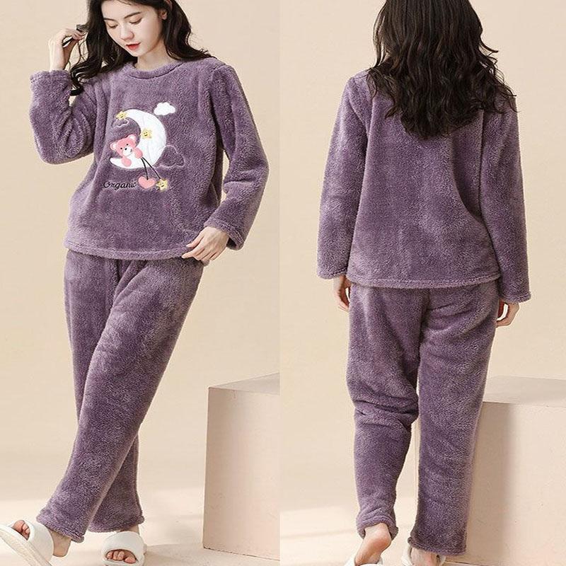 Осенне-зимние комплекты из двух предметов, утепленные, теплые, с длинными рукавами, женские, из кораллового бархата, с милым рисунком, удобные, с рисунком