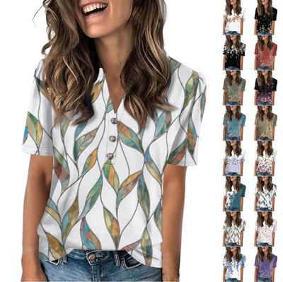 Женская модная повседневная футболка с цветочным принтом, V-образным вырезом, коротким рукавом, на пуговицах