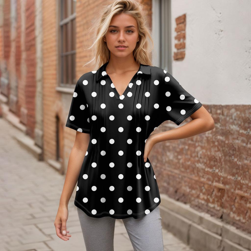 Женские футболки с коротким рукавом, плиссированные, с V-образным вырезом, с принтом, с воротником, летние топы, модные, деловые, повседневные, рабочие