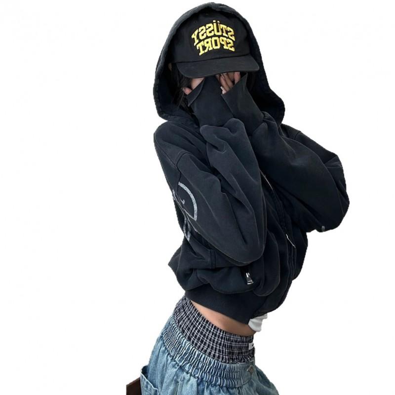 Gothic Streetwear Hooded Zip-Up Sweatshirt Women Bold Letter Print Oversized Fit Winter 2025