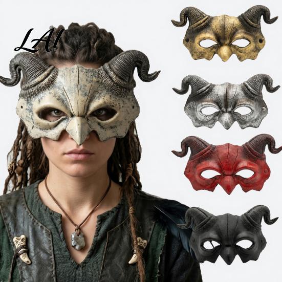 Gothic Cosplay Mask Halloween Ram Horn Demon Mask Horror Devil Half Face Lightweight Masquerade for Costume Party Half-face