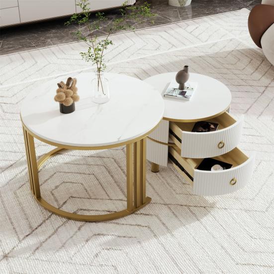 Rounded Edge Coffee Table with 2 Drawers Strong Load-bearing Spacious Desktop High-Gloss Marble Pattern Tea Table Living Room