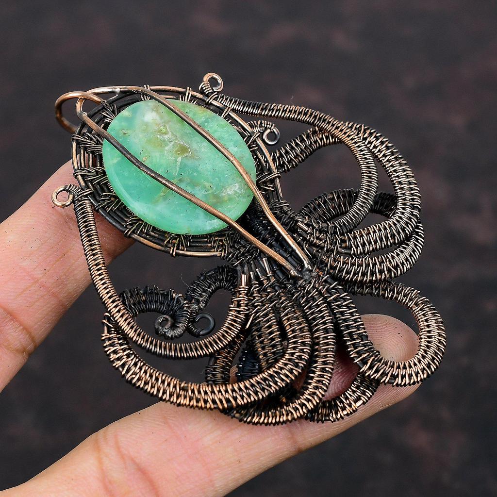 Подвеска из хризопраза, подвеска из медной проволоки, ювелирное изделие ручной работы из хризопраза, подвеска в виде осьминога из драгоценного камня, подарок на годовщину, уникальное ювелирное изделие из меди