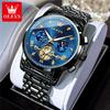 OLEVS Original Quartz Watch for Men Trendy Skeleton Flywheel Design Waterproof 24 Hour Moon Phase Chronograph Men's Watches 2856