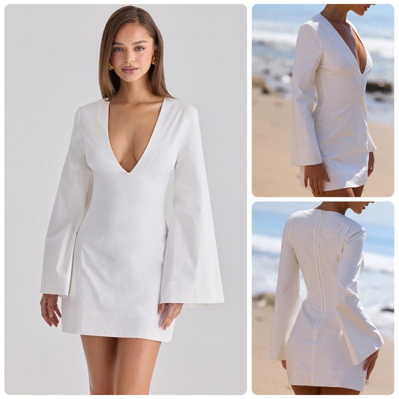 Womens White V-Neck Flare Sleeve Slim Fit Mini Dress Sexy Minimalist Party Wear