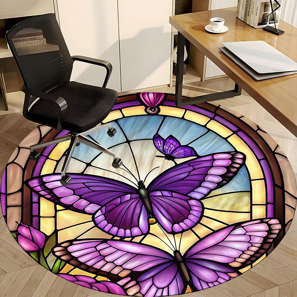 1pc Butterfly StainedGlass Office Round Area Rug, Mat Suitable ForOffice, Under Office Chairs Bedroom Living Room Home Decor, Room Deco