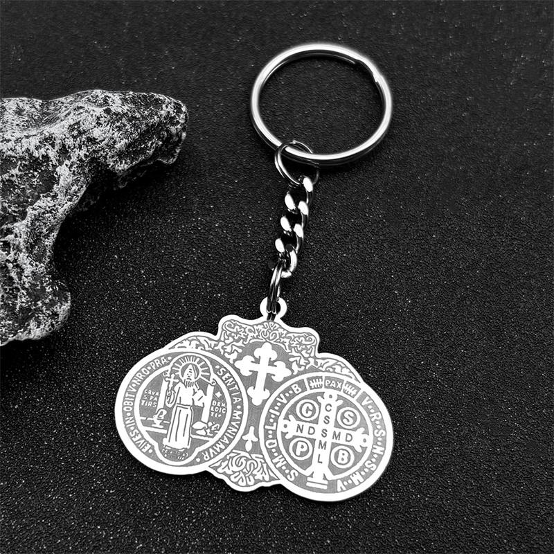 Catholic Saint Benedict Cross Medal Key Rings for Women Men Stainless Steel Gold Color Religious San Benito Key Chain Jewelry