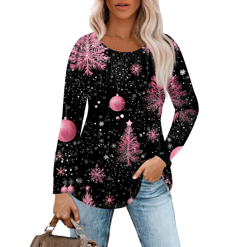 Женская повседневная футболка с круглым вырезом и длинными рукавами с рождественским принтом и складками