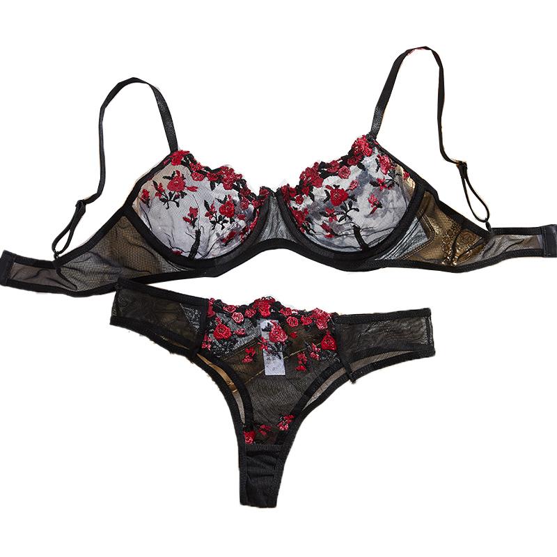 Transparent Yellow Mesh Underwear Embroidery Ladies' Gift Sexy Lingerie Women's Temptation Bra And Panties Sets Erotic Costumes