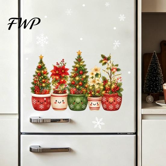 Winter Party Window Supplies 2PCS Christmas Static Clings, Cute Potted Tree Reusable Holiday Ornaments Glass Stickers, Waterproof PVC Decals for Home