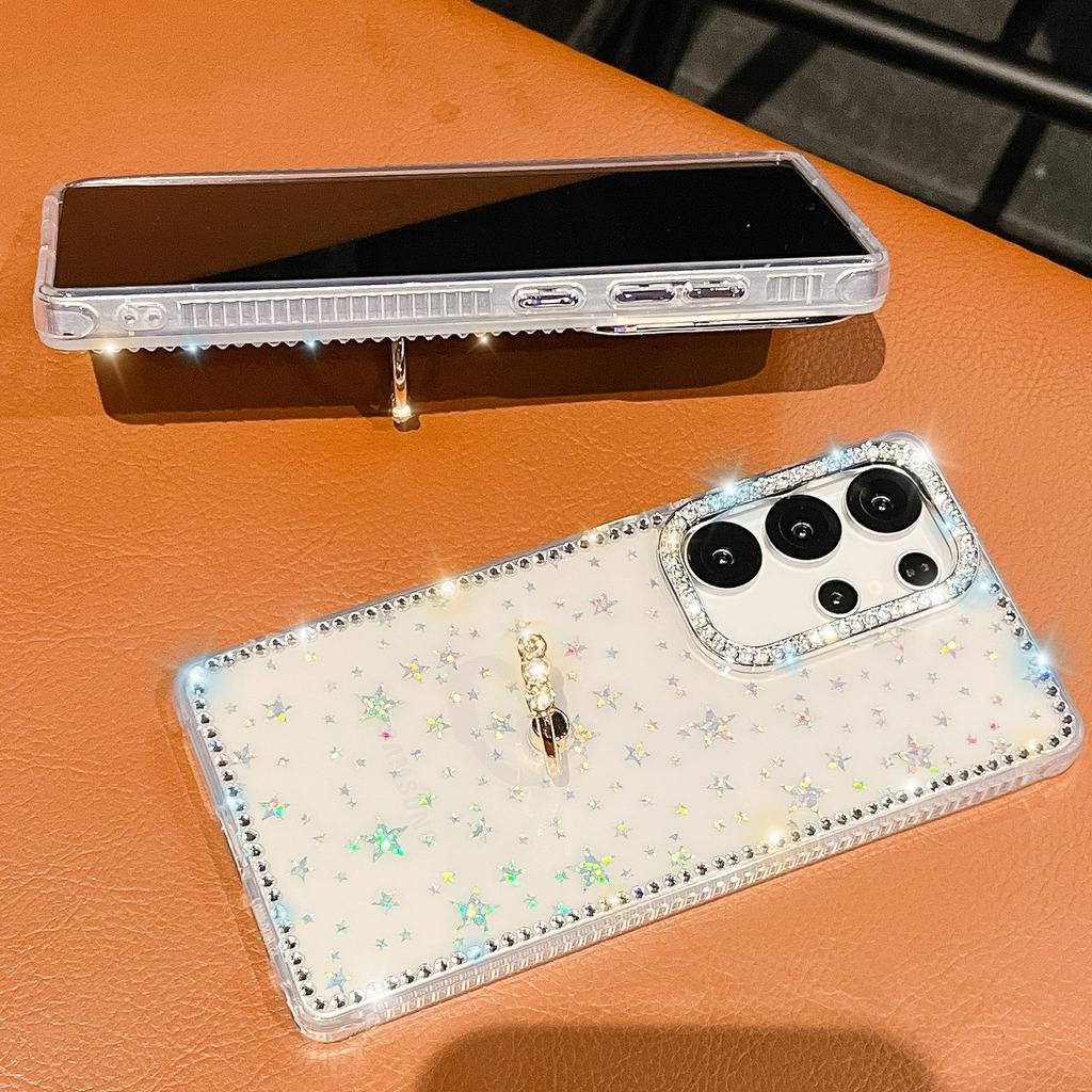 Чехол для Samsung Galaxy S25 Ultra с кольцом-подставкой, стразами по краю, ТПУ+ПК, IMD чехол для телефона