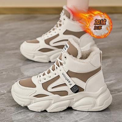 Флисовые кроссовки для папы женские 2025 зима новые корейская версия теплые спортивные ботинки с высоким верхом студенческие хлопковые туфли ins модные туфли A09