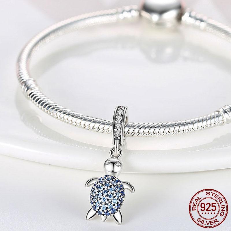 Summer New 925 Sterling Silver Blue CZ Sea Turtle Tortoise Charm Pendant Fit Fashion Bracelet Original DIY Charms Beads Jewelry