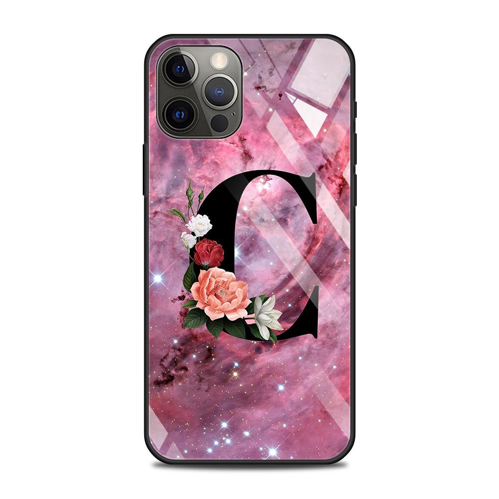 Чехол из закаленного стекла для iPhone 14 12 11 Pro Max 13 12 Mini X XR XS Max 8 7 6s Plus силиконовый чехол с надписью AB цветы розовый