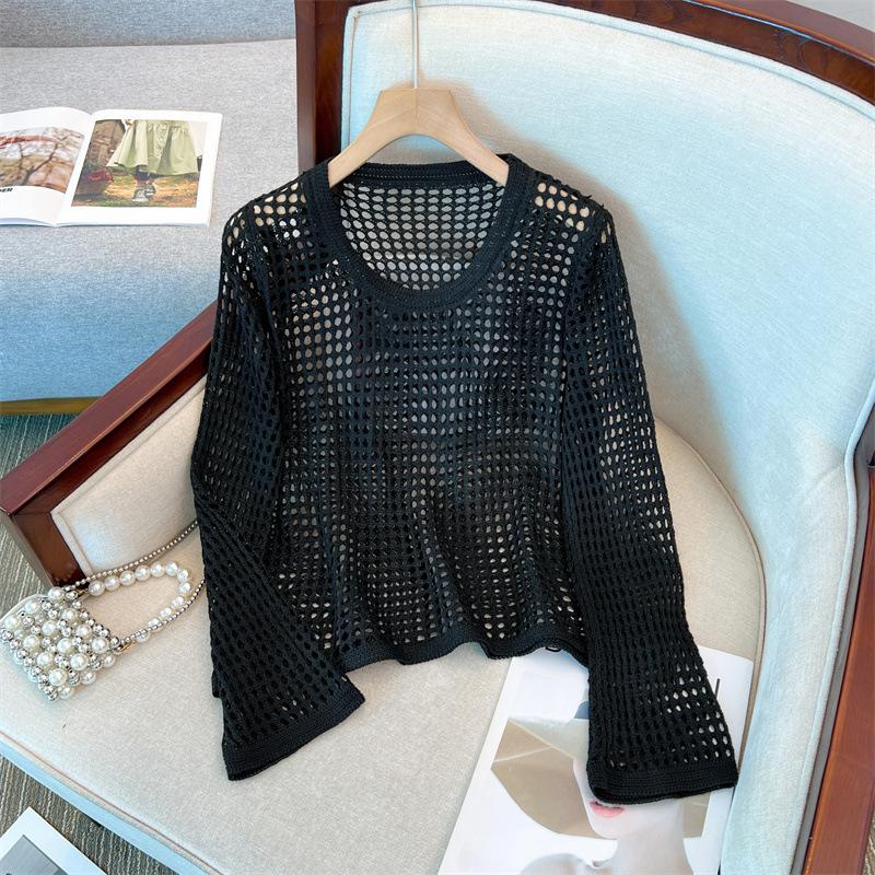 Летняя рубашка с дырками, свободная толстовка с капюшоном, круглый вырез, трикотажная рубашка, ажурные солнцезащитные топы с длинными рукавами