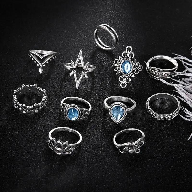 Набор колец на палец из 11 шт. Ретро Сапфировые цветы Boho Корона Звезда Резные фаланговые кольца Женские Помолвочные кольца для женщин