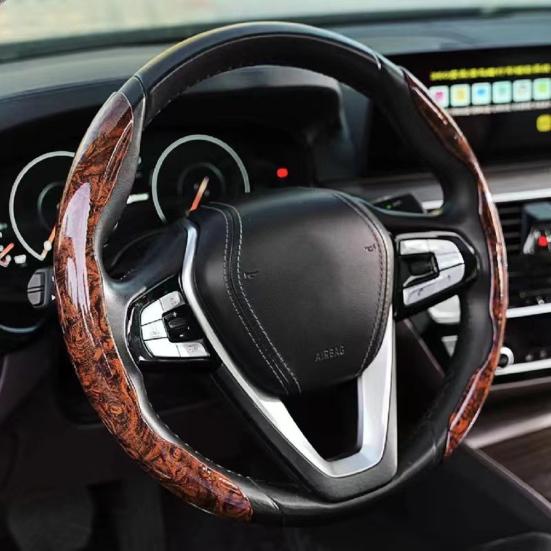 2Pcs Wood Grain Steering Wheel Cover Anti-Slip Odorless Heat-Resistant Universal Fit Faux Leather Car Steering Wheel Sleeves