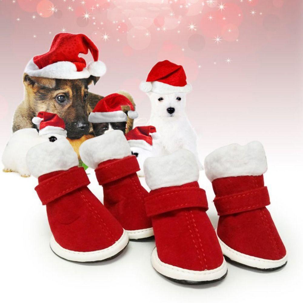 4 шт./компл. Ветрозащитные рождественские ботинки для собак, Теплые зимние ботинки для собак, Модные туфли для собак Санты, Рождество