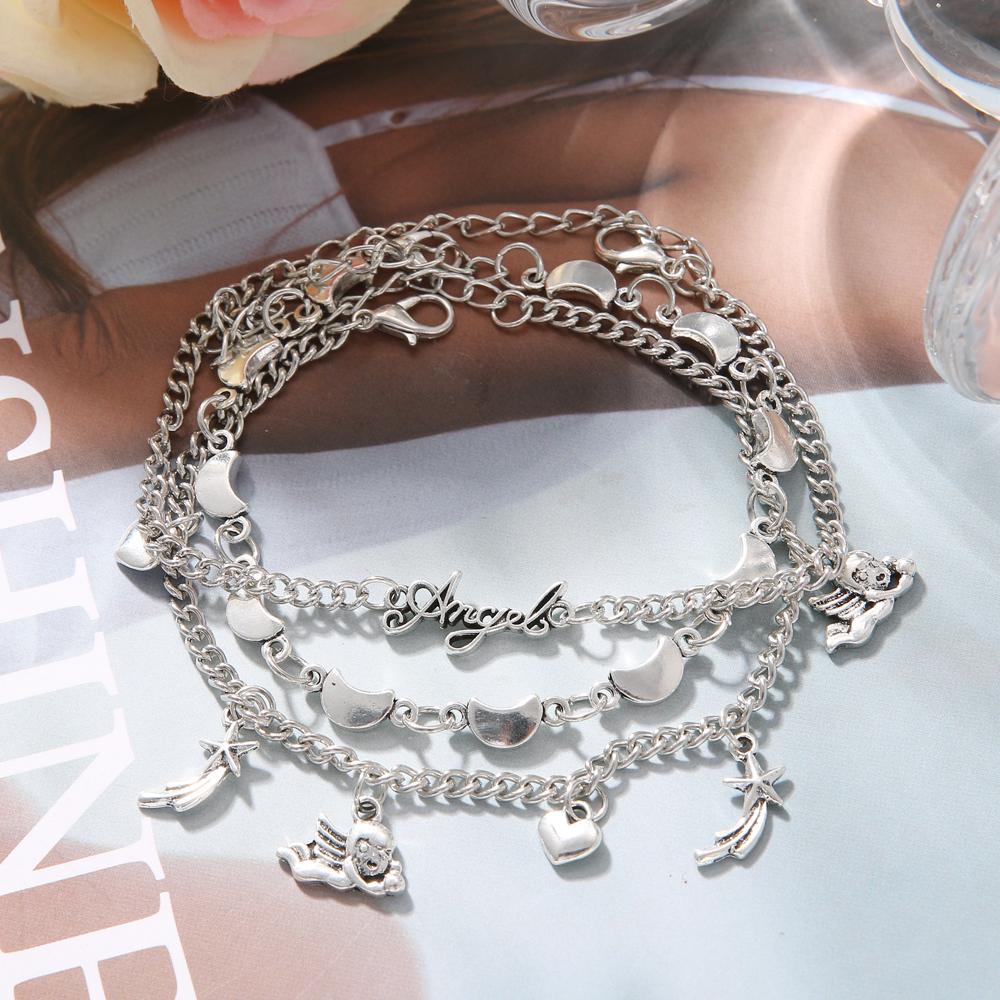 Серебряные браслеты со звездами и луной для женщин, богемные многослойные браслеты на ногу, модные пляжные украшения, аксессуары для ног AVE