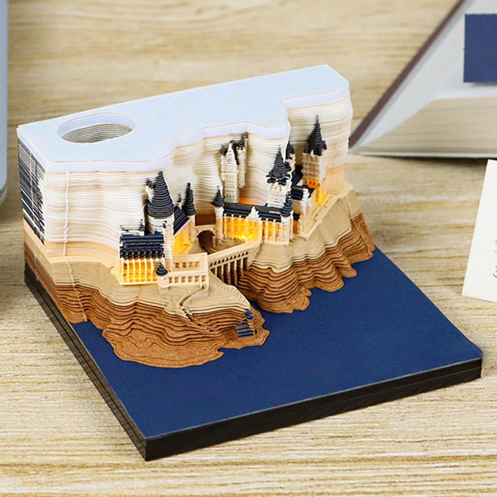 2025 Time Piece Calendar with LED Light and Pen Holder 3D Calendar Paper Carving Art Memo Pad Notepad Novelty Gift